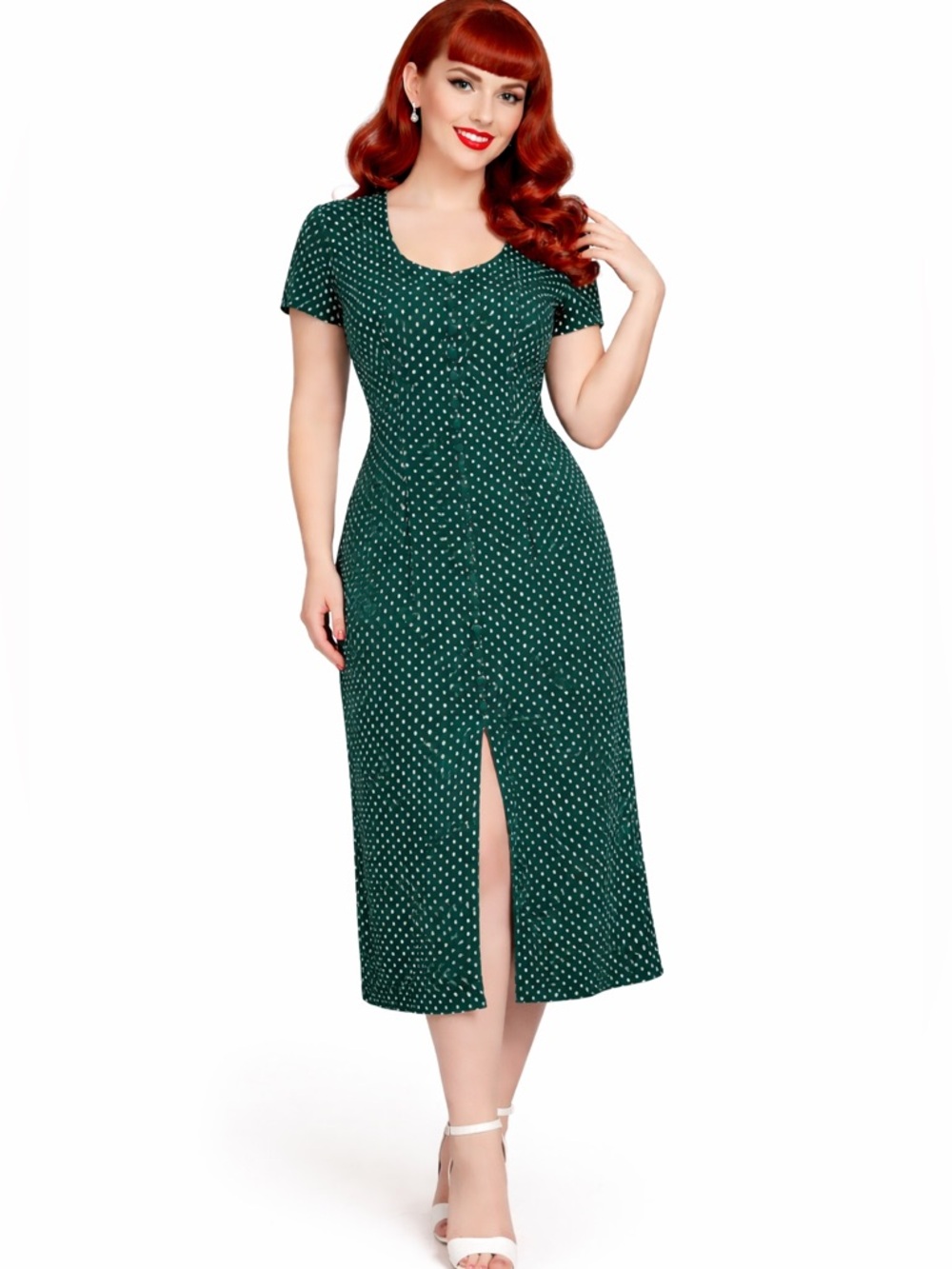 Vintage 90s‎ Green Polka Dot Midi Dress Button Front Pinup Rockabilly Mod Retro